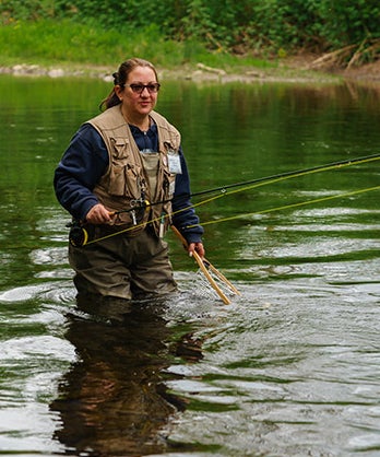 "Woman fly fishing in river"